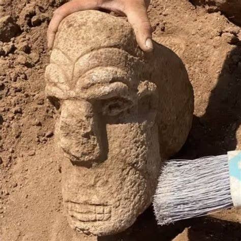 The 'leopard-man' head from Karahan Tepe, photographed as it came out of the fill (a brush and a hand for scale). The heavy brow ridge, broad flat muzzle and bared, gritted teeth read as more feline than human — the detail behind researcher Dakota Wint's reading of it as a part-human, part-leopard being.