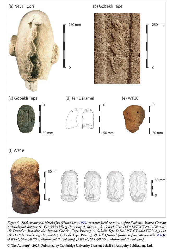Phallic imagery, another recurring motif: a monumental example at Göbekli Tepe (a) and a small carved and modelled version at WF16 (b).