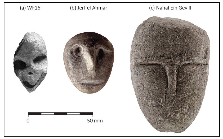Small stone faces and masks in the same tradition: WF16 in southern Jordan (a), Jerf el Ahmar in Syria (b) and Nahal Ein Gev II in the southern Levant (c).