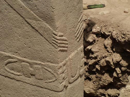 A central T-pillar at Göbekli Tepe showing carved arms, hands and belt