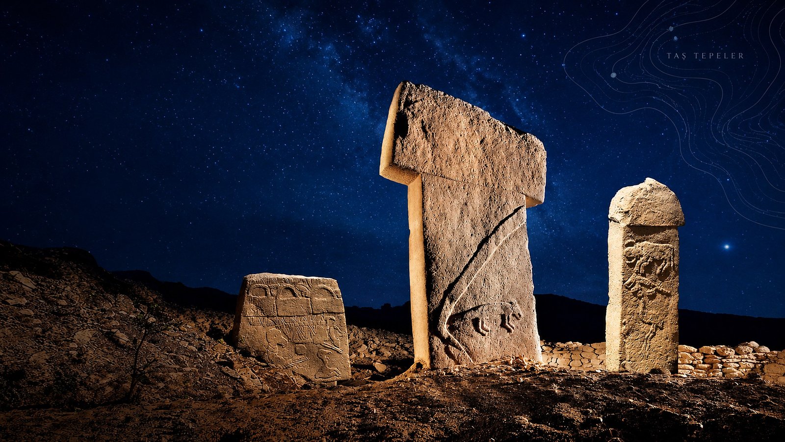 The T-pillars of Göbekli Tepe lit at night