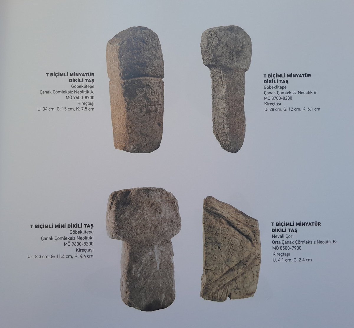 The Near Eastern twist: four hand-sized limestone T-shaped standing stones from Göbekli Tepe and Nevalı Çori, displayed together in the Şanlıurfa Archaeology Museum. Here it is the monuments, not ordinary houses, that get shrunk.