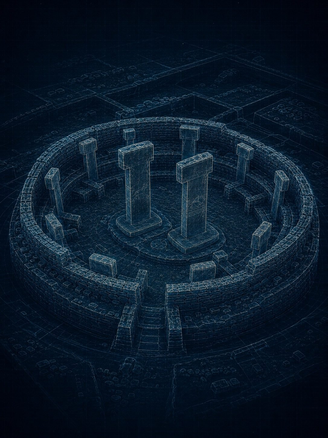 Cutaway blueprint of a Göbekli Tepe enclosure — twin central T-pillars ringed by a stone wall